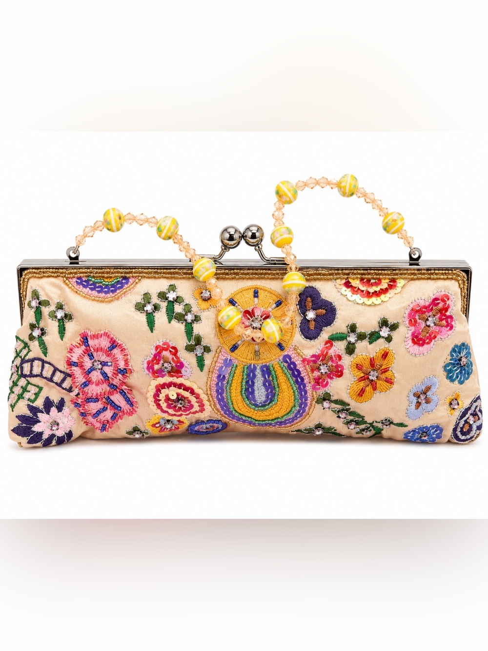 Embroidered Floral Clutch with Beaded Handle
